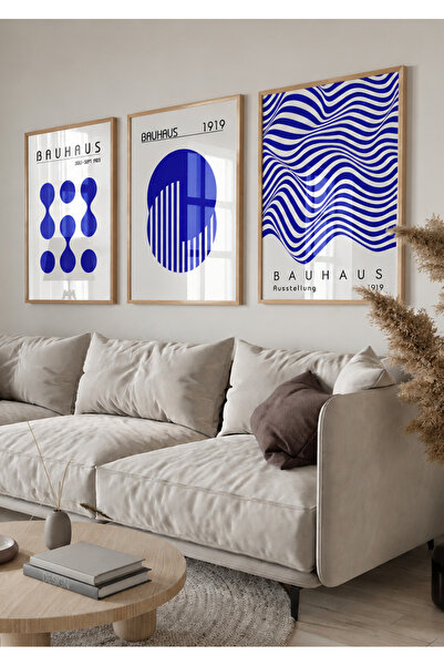 NT Handmade Prirodna drvena ukrasna slika u 3 dela sa Bauhaus plavim geometri...