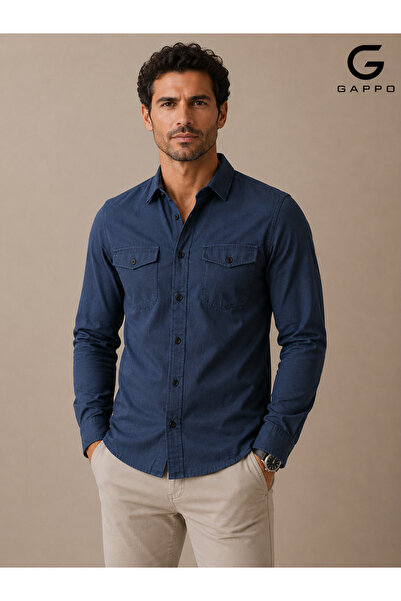 GAPPO Çift cepli slim fit pamuklu indigo rengi kot gömlek