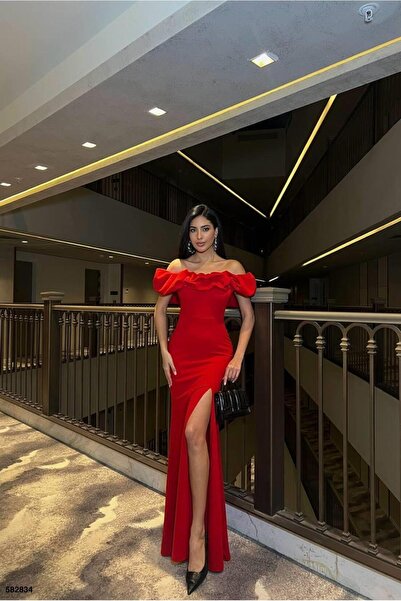 Euro Class Square Neckline Slit Short Sleeve Evening Dress