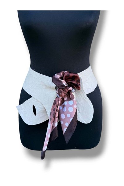 Yılday Gür Butik Aurélie Ecru Casual Women's Leather Belt with Scarf - Standard Size