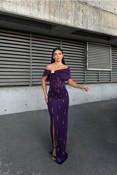 Euro Class High Neckline Stone Detailed Maxi Evening Dress