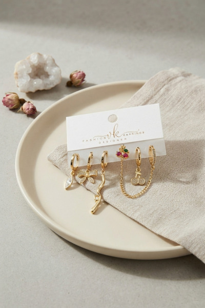 callerrons accessories Gold Color Brass Zircon Stone Cherry Detailed 6-Piece ...