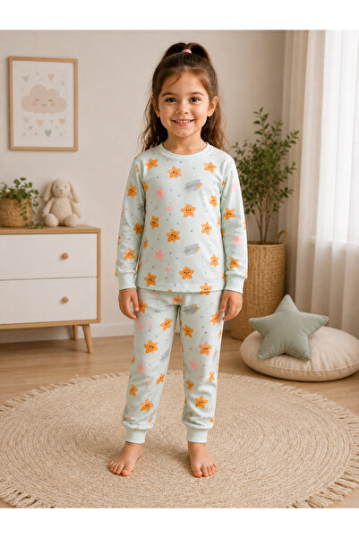 Turuncu kids Kız Çocuk Yıldız Desenli Uzun Kollu Pijama Takımı