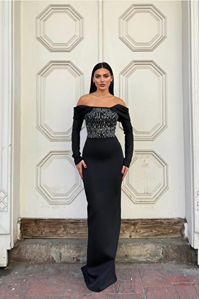 Euro Class High Neck Sequined Maxi Long Sleeve Evening Dress