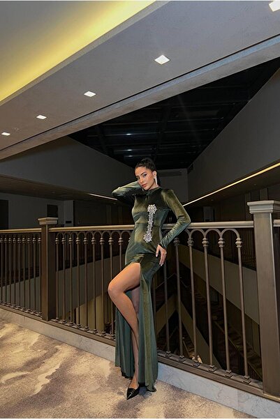 Euro Class V-Neck Long Sleeve Evening Dress with Stone Detail