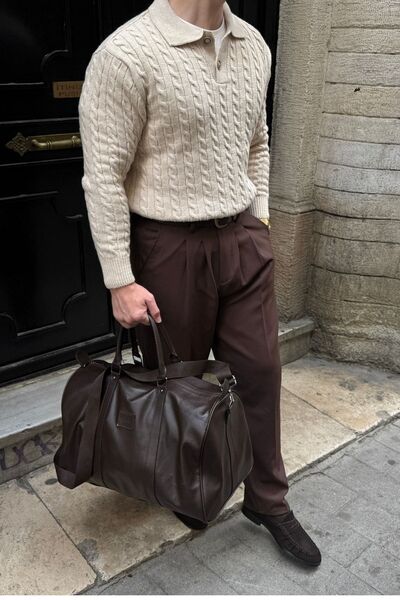 Livio Ferri Dovra Premium Hair Knit Buttoned Polo Collar Beige Men's Thick Knitwear Sweater