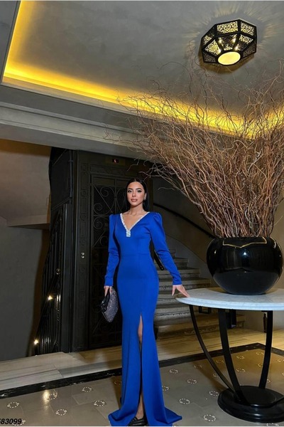 Euro Class V-Neck Long Sleeve Evening Dress with Stone Detail