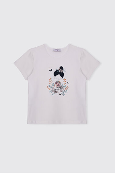 Panço Girl's Printed Short Sleeve White T-Shirt