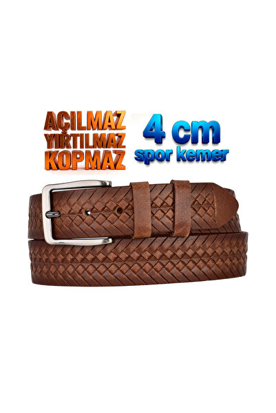 GoDeri 100% Genuine Leather, 4 cm Tan Knitted Patterned Non-Opening Denim Bel...