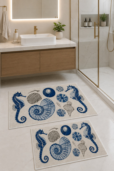 Aybek Home Deniz Kabuğu Desenli 2'li Banyo Paspası Takımı Kaymaz Taban Dijita...