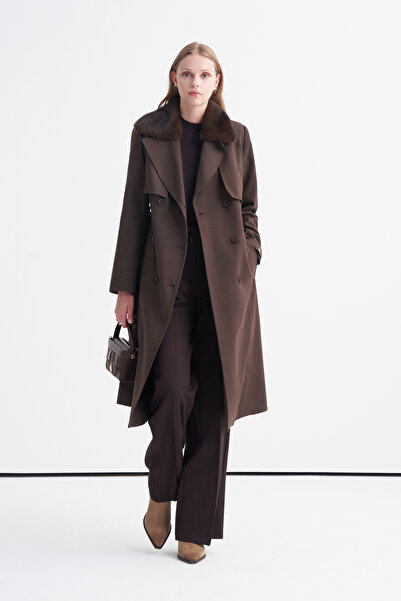 Zühre Fur Collar Belted Brown Coat 14136