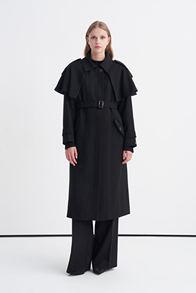 Zühre Cape Detailed Belted Black Coat 14153