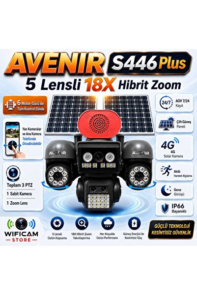 AVENİR S446 PLUS 18X HİBRİT ZOOM - 5 LENSLİ 4G SOLAR KAMERA