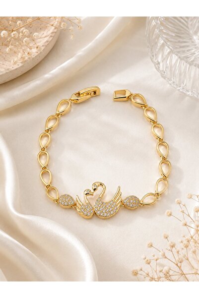 serelya Brass Gold Color Zircon Stone Swan Figure Drop Chain Model Women's Br...