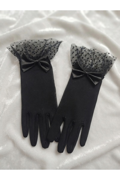 Esram Butik Black Polka Dot Tulle Bridal Gloves with Bow, Wedding Engagement ...