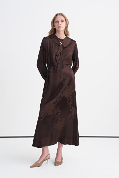 Zühre Brooch Scarf Collar Floral Patterned Brown Dress 0624
