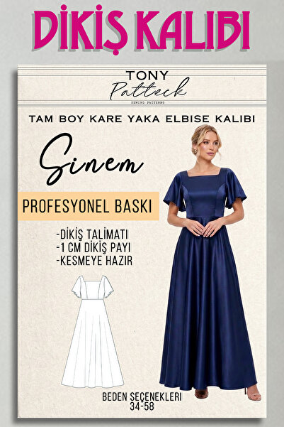 Tony Patteck Sinem Tam Boy Kare Yaka Elbise (EL9) - Hazır Dikiş Kalıbı (34-58...