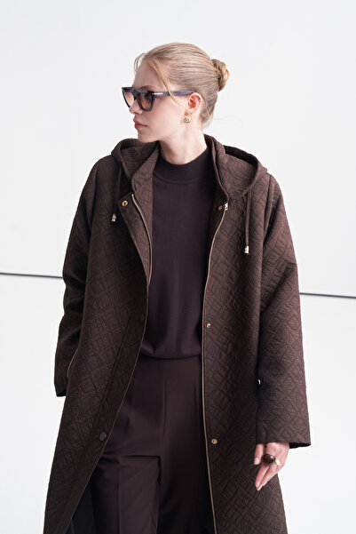 Zühre Hooded Zippered Long Brown Overcoat 13920