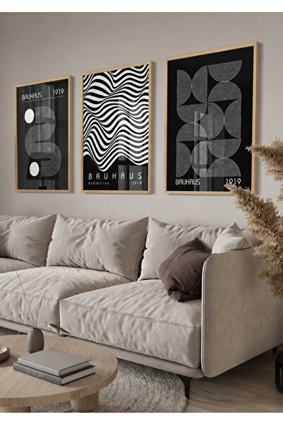 NT Handmade Prirodna drvena ukrasna slika u tri dela u Bauhaus stilu, crno-be...