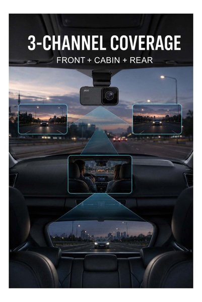 jado D370S 3-Channel Dash Cam, Up to 4K Front Recording, 1080P Cabin & Rear Recording, 3-Inch IPS Screen, H.265, 2.4G Wi-Fi, Built-in GPS & 3-Axis G-Sensor, Black