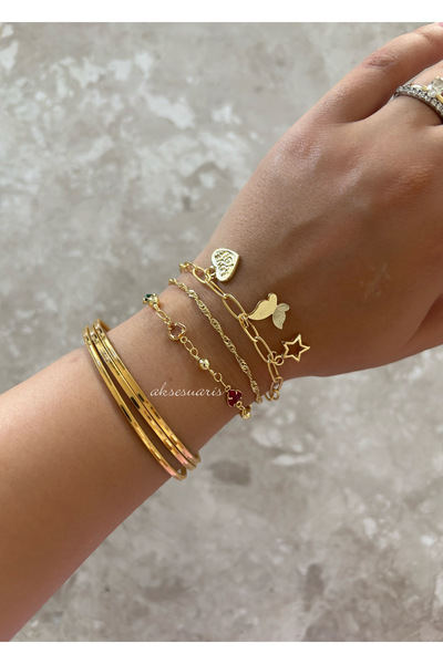 aksesuaris 3-Piece Gold Zircon Stone Heart Star Charm Women's Bracelet Set