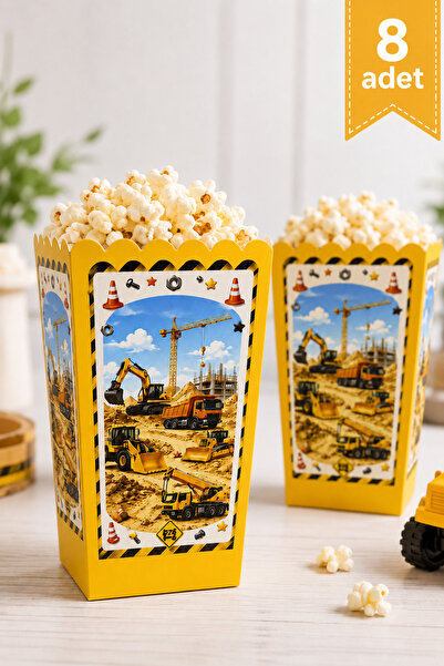 Baloncu Nene İnşaat Temalı Mısır Kutusu 8’li Set 8x11 cm İş Makinesi Doğum Gü...