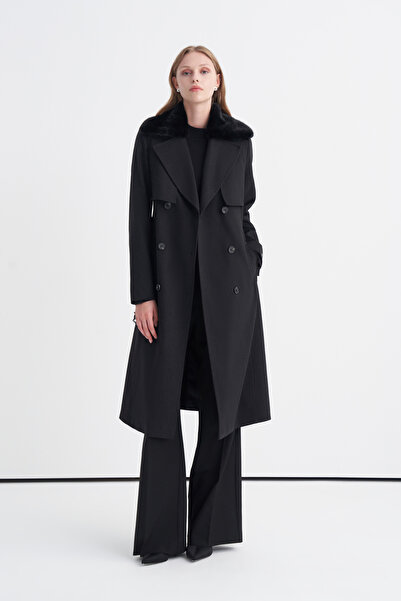 Zühre Fur Collar Belted Black Coat 14136