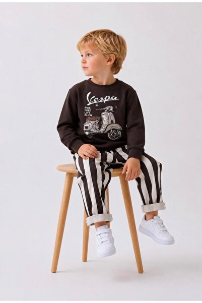 is kids wear Erkek Çocuk Vespa Baskılı Sweatshirt Çizgili Pantolon Alt Üst Takım