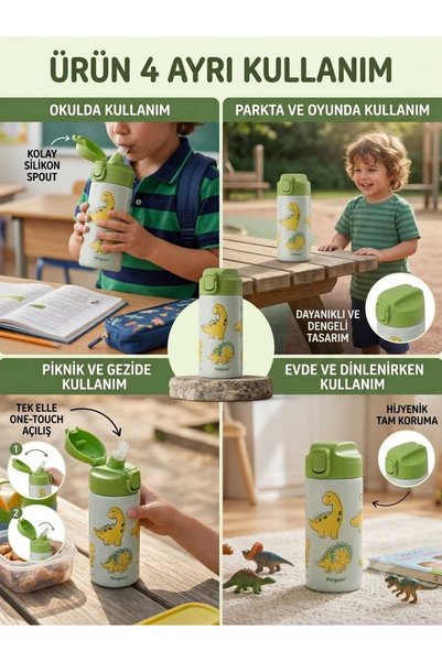 LEVA HAUSE MATARA 500 ML FİGÜRLÜ ÇELİK MATARA OTOMATİK PİPET Lİ KAPAK PENGUEN...