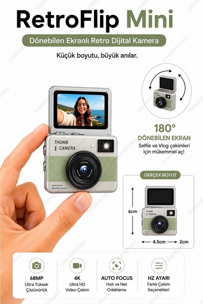 RoseandRoses RetroFlip Mini Dönen Ekranlı Retro Efektli Dijital Kamera (Yeşil)