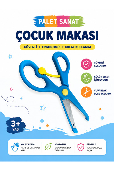 Palet Sanat Çocuk Makası Küt Uçlu Yaylı Plastik Korumalı Okul Öğrenci Makası