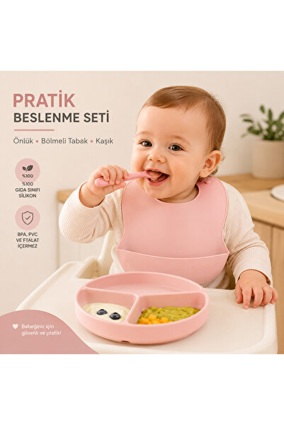 Pembe 3’Lü Silikon Yemek Seti – Önlük + Diş Kaşıyıcılı Kaşık + Vakumlu Tabak