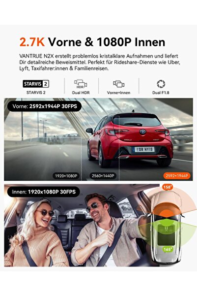 VANTRUE N2X 2.7K+1080P Araç İçi Araç Kamerası, STARVIS 2 Çift HDR Gece Görüşlü Araç Kamerası, 2,5K/60FPS