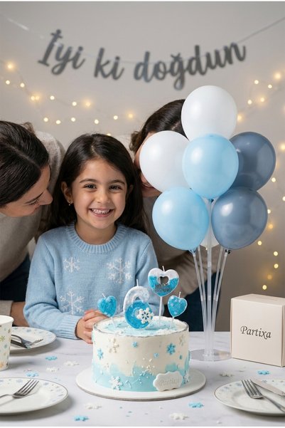 Partixa Snowflake Concept Numbered Cake Candle & Balloon Stand Set - Birthday Decoration