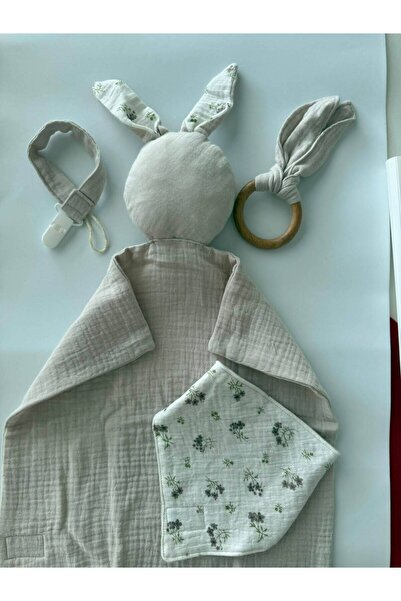uykucu koala %100 Pamuk Müślin Bebek Hediye Seti - Tavşan Figürlü Uyku Arkadaşı & Diş Kaşıyıcı 5'li Takım