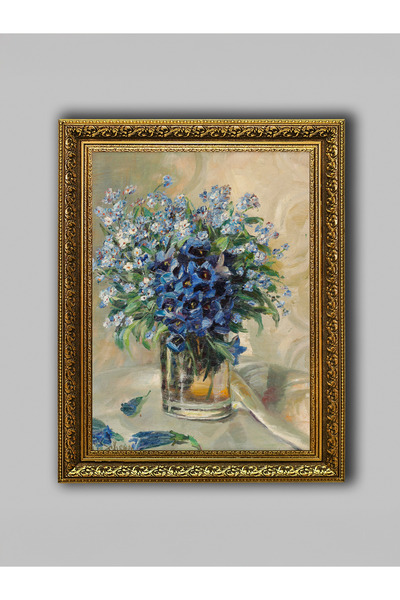 WoodyArts Flori albastre cu rame aurii învechite, pictură decorativă de peret...
