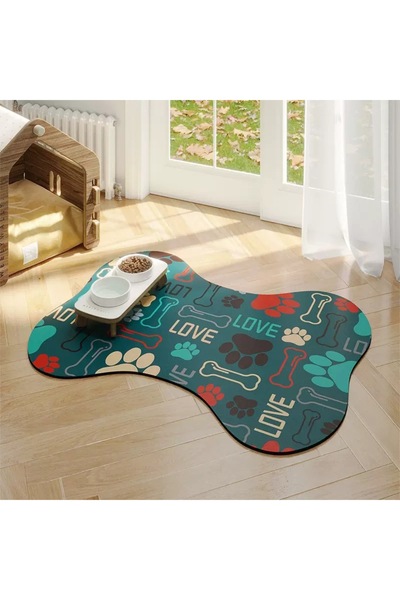 NazLand Pati Love Bone-Shaped Non-Slip Dog Food and Water Bowl Mat – Colorful