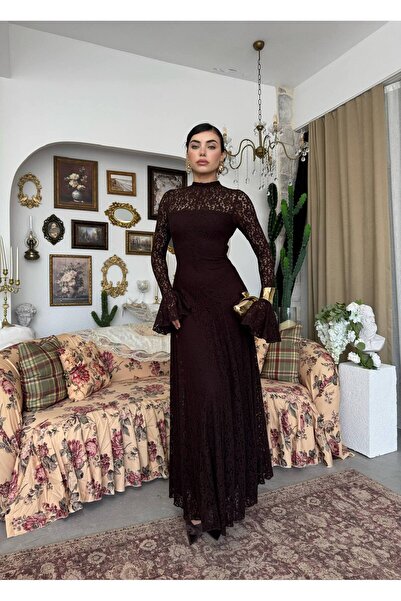 Miss Beyoğlu Women's Rope Strap Tulle Detailed Maxi Dress