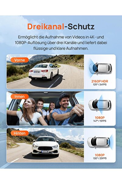 70MAİ T800E 4K Dashcam Araba 3 Kanallı, 4K+1080P+1080P Ön Arka İç 3 Kanallı Araç Kamerası,