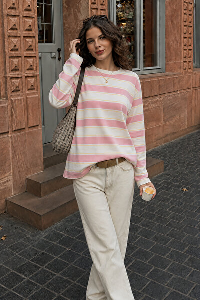 RB CLUB Women's Pink Ecru Striped Oversize Crew Neck Long Sleeve T-Shirt Rb005
