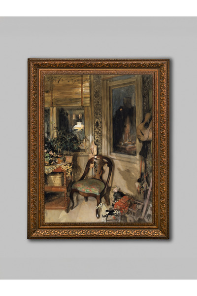 WoodyArts Scaun vintage maro cu cadru anticat, pictură decorativă de perete p...