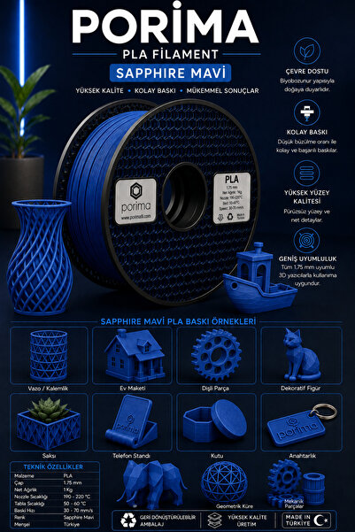 Porima PLA Filament Sapphire Mavi Renk 1KG