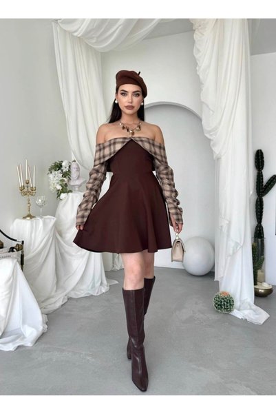 Dilek Vardar Kahverengi Kadın Madonna Yaka Gömlek Detay Mini Elbise