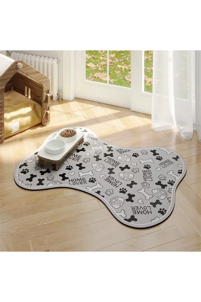 NazLand Home Lover Bone-Shaped Non-Slip Dog Food and Water Bowl Mat – Gray