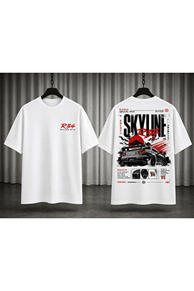 MESdesigner Nissan Skyline R34 GT-R Baskılı Kısa Boy Oversize Beyaz Unisex Ti...