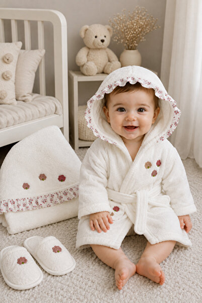 My Babies Label Floral Embroidered Ruffle Detailed Hooded 4-Piece Baby Bathro...