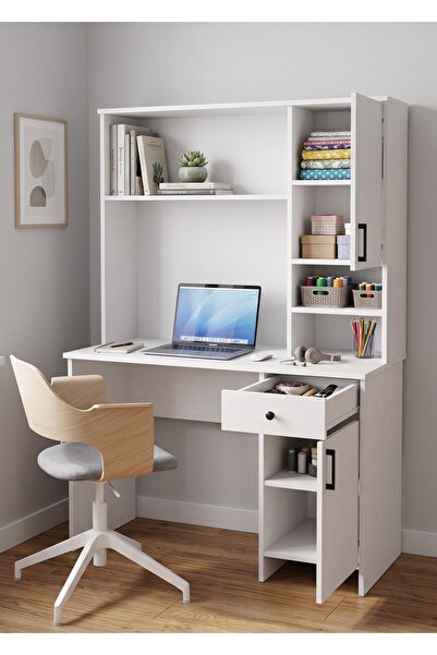 byzellahome Kitaplıklı Çalışma ve Bilgisayar Masası 1. Kalite %100 MDF Beyaz ...