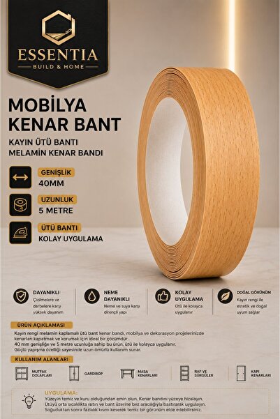 ESBH Mobilya Kenar Bant 40 mm x 5 Metre Kayın Ütü Bantı Melamin Kenar Bandı