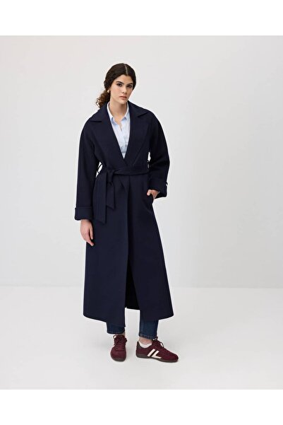 IDA Collection Belted Double-Breasted Cashmere Coat Navy Blue