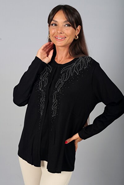 By Saygı Women's Short Sleeve Blouse Stone Leaf Embroidered Cardigan Plus Siz...